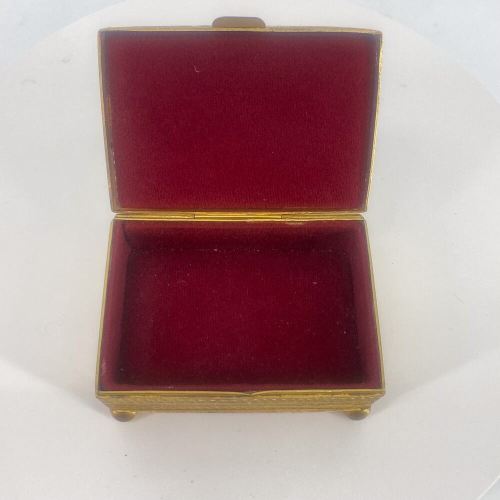 Vintage Austria Jeweled Trinket Box Gold Tone Etched Red Velvet Lined - Picture 8 of 16
